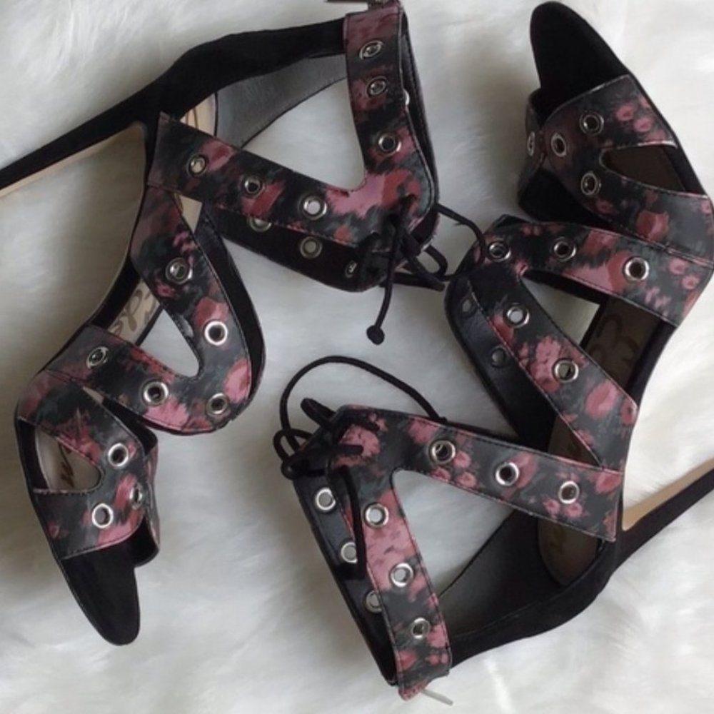 Pink/black floral Sam Edelman heeled sandals sz 10